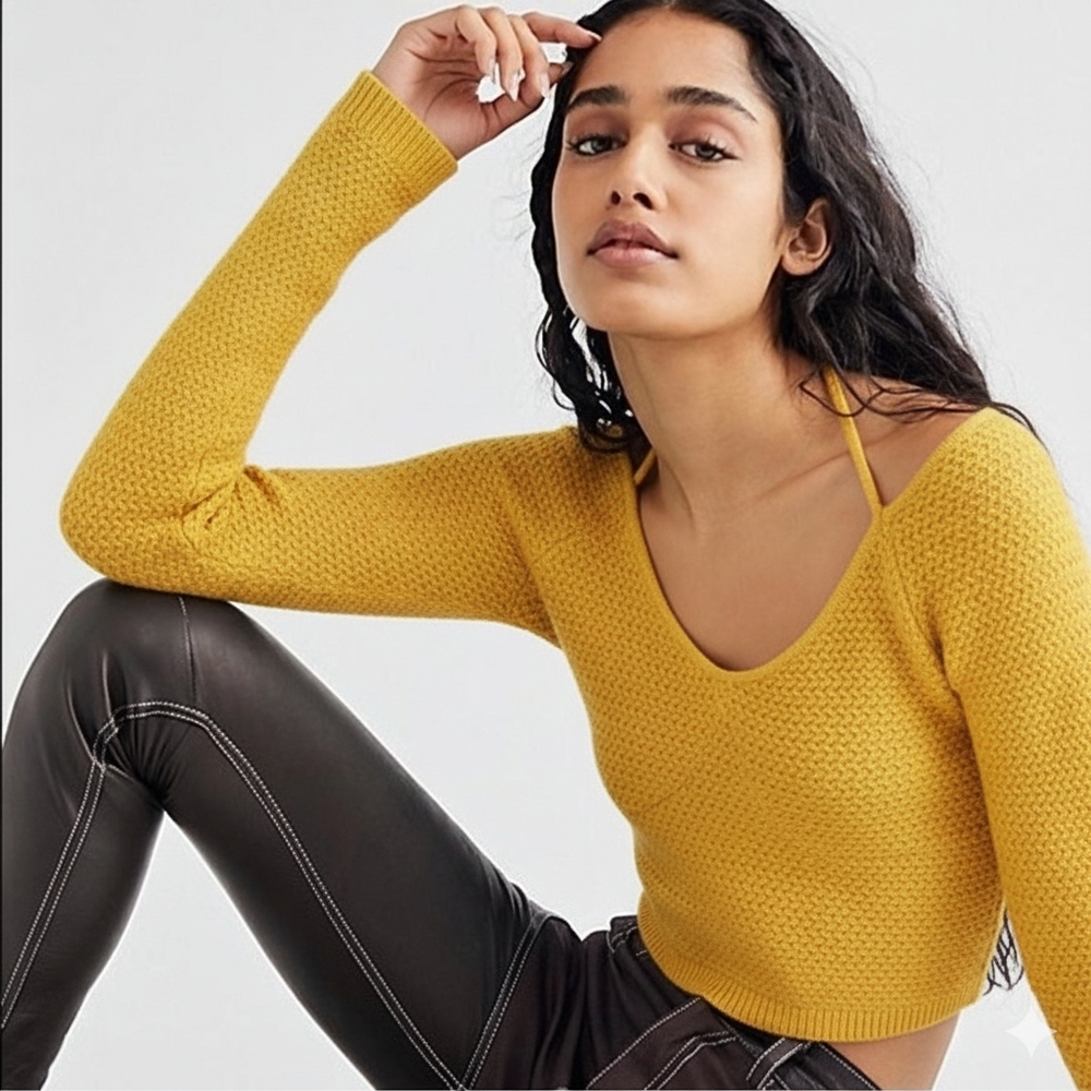 Free People Beach Yellow Knit Halter Crop Top Sweater XS